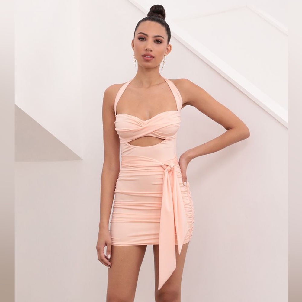 Lucy in the Sky Blush Pink Ruched Cutout Halter Bodycon Dress